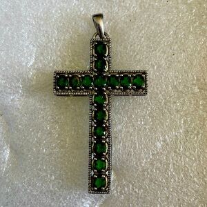 Green garnet in 925 Sterling silver cross pendant.